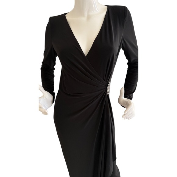 Lauren Ralph Lauren Evening Black Long Sleeve Rhinestone Embellished Wrap Gown 8 - Picture 8 of 11